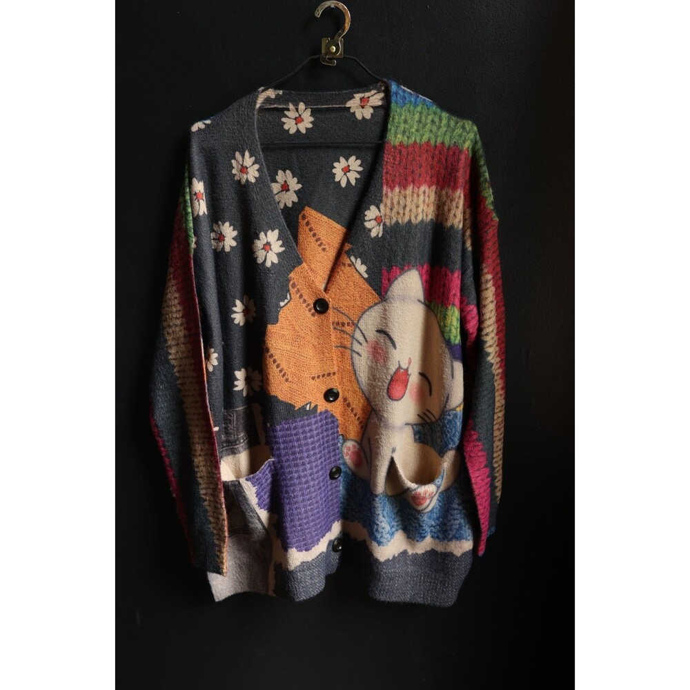 YESNO Womens Whimsical AOP Cat Print Button Oversize Sweater Wool Blend - Picture 1 of 11